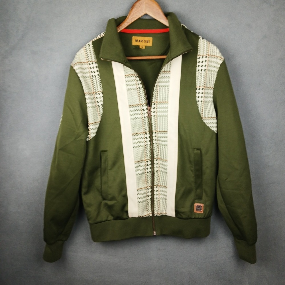 Makobi‎ Track Jacket Mens Small Olive Green Houndstooth Full Zip Athletic Wear